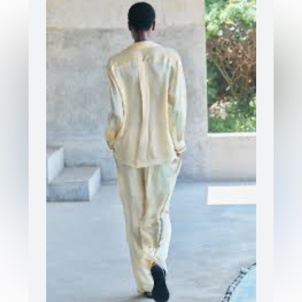 ZARA CO-ORD SATIN EFFECT EMBROIDERED SHIRT & PANTS SET - PASTEL YELLOW - Picture 8 of 8